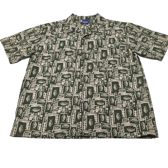 VTG SIDEOUT Button Up Shirt Mens Size XL Green Fish Geometric Print Short Sleeve - Picture 4 of 11